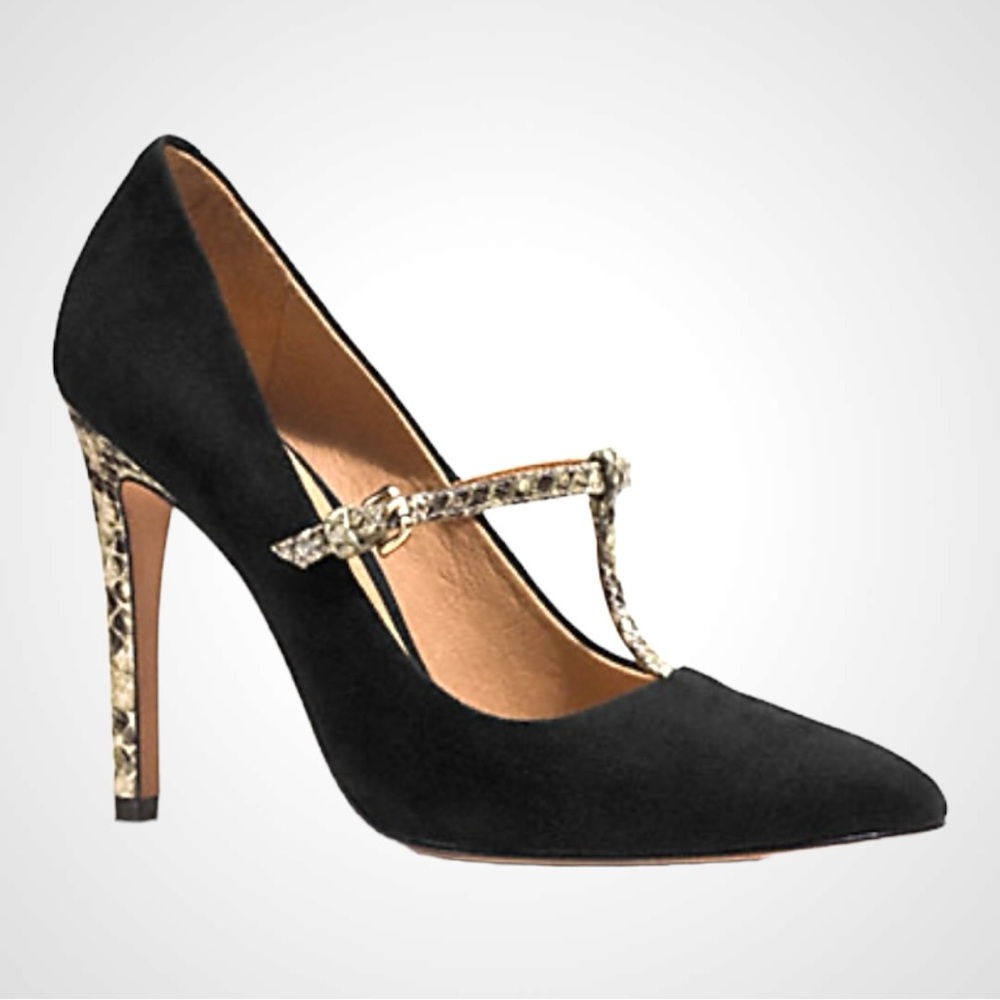 COACH FULTON Black Suede Snakeskin T-Strap Stiletto Pumps Size 11 B - Picture 2 of 12
